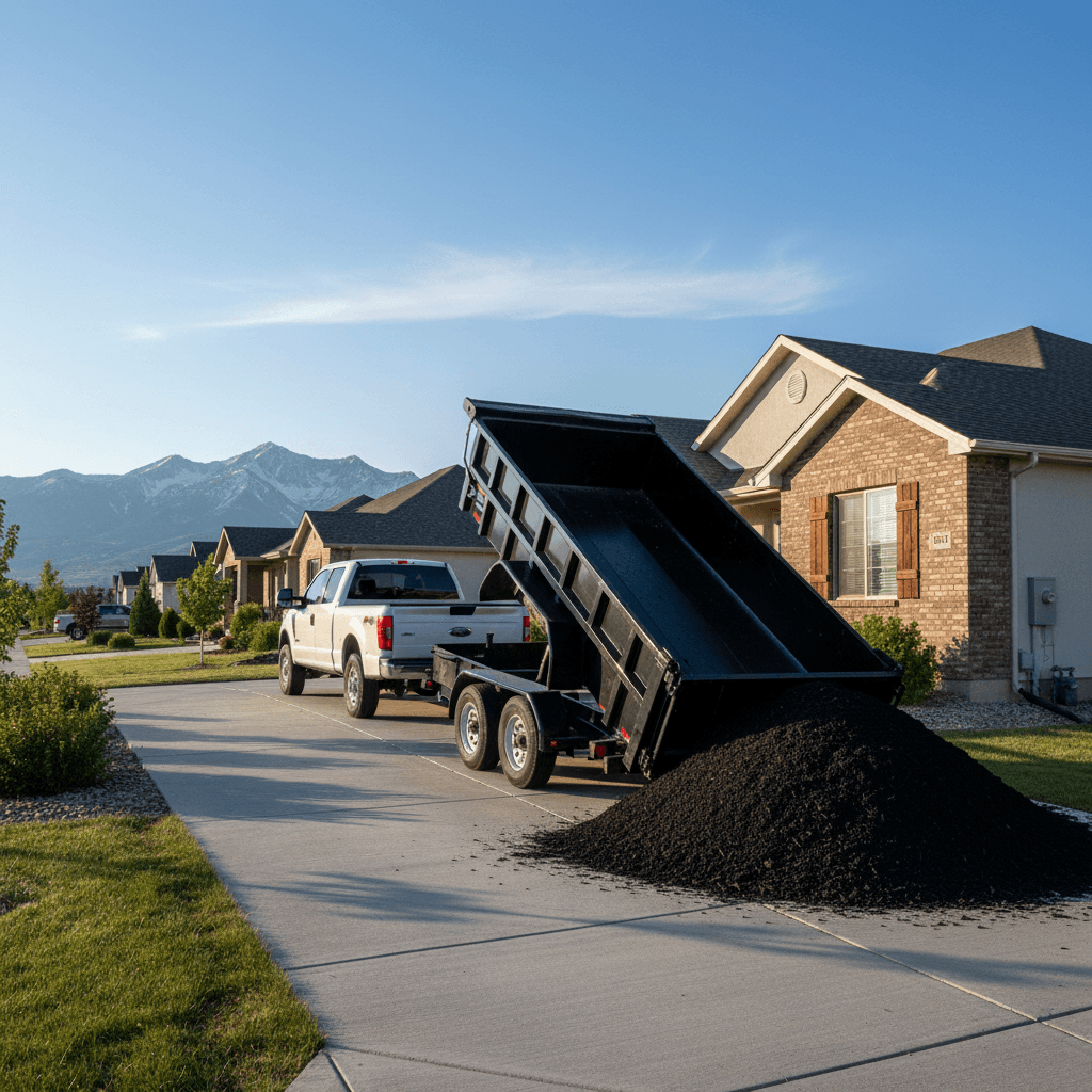 Dump trailer delivering mulch to a Salt Lake Valley home
