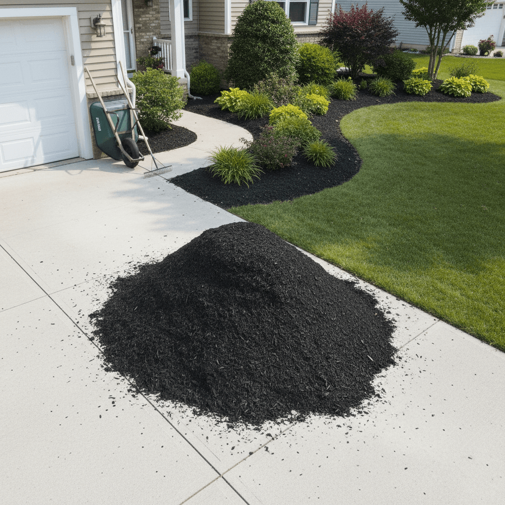 Fresh pile of black mulch on a residential driveway